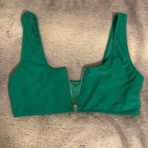 Green Zipper Front Bikini Top